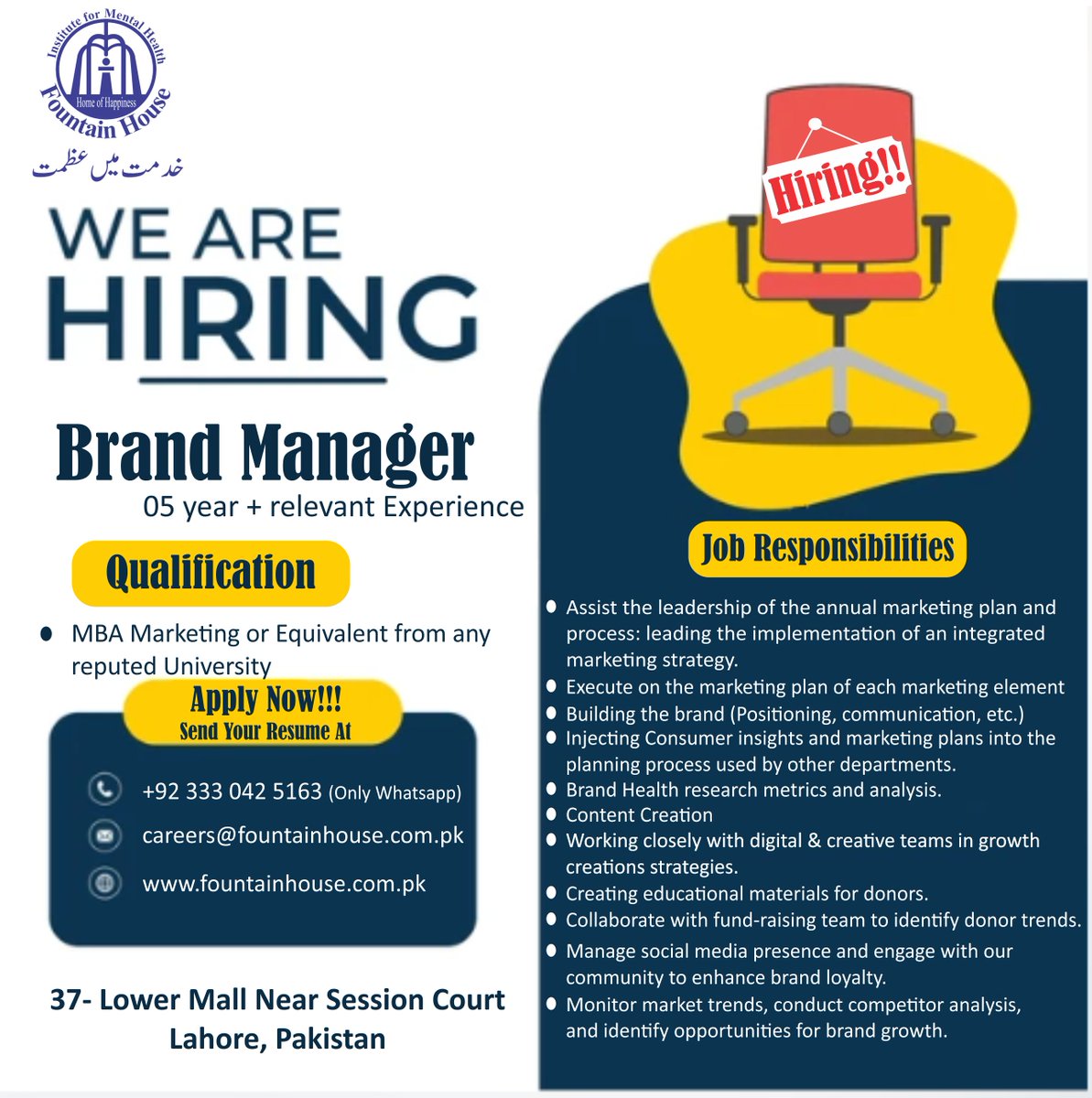 WE ARE HIRING Brand Manager!!
We are looking for a Brand Manager.
To Apply, Send us your resume at careers@fountainhouse.com.pk

#BrandManager #FountainHouse #FHL #FHF #FHS