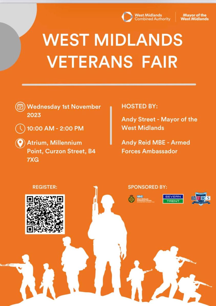 _RobOnTheRoad_'s tweet photo. 📷📷Calling all veterans 📷📷
BFRS are proud to sponsor the West Midlands Veterans Fair!
Come and join BFRS, Andy Street  &amp; @AndyReidMBE_STF  alongside the West Midlands VAPC team, on Wednesday 1 November 2023 in Birmingham. https://t.co/MNxXRcD8So