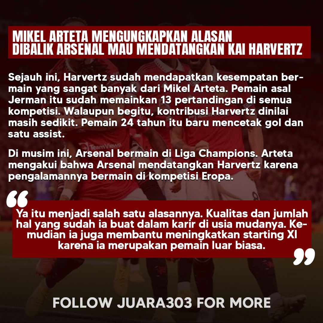 Mikel Arteta mengungkapkan alasan dibalik Arsenal mau mendatangkan Kai Harvertz.

Harvertz merupakan salah satu rekrutan Arsenal di bursa transfer musim panas 2023 kemarin. The Gunners membeli Harvertz dari Chelsea dengan harga 65 juta pounds. 

#ChelseaFC #arsenalfc #kaiharvertz