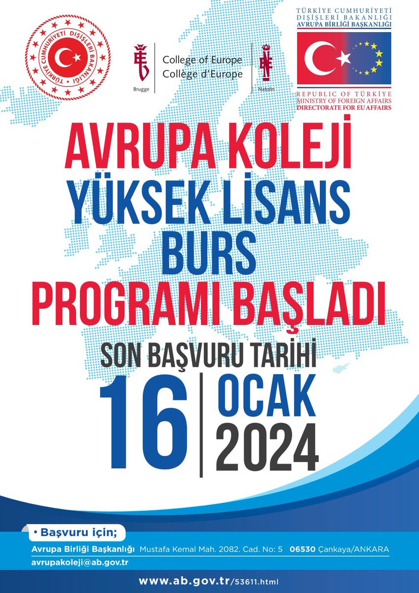 Avrupa Birliği Başkanlığı tarafından, akademik açıdan başarılı ve Avrupa Birliği alanında yüksek lisans yapmak isteyen öğrencilere 2024-2025 akademik yılı için Avrupa Koleji'nde burs imkânı sağlanması öngörülmektedir. Başvurmak isteyenler için: ab.gov.tr/53611.html