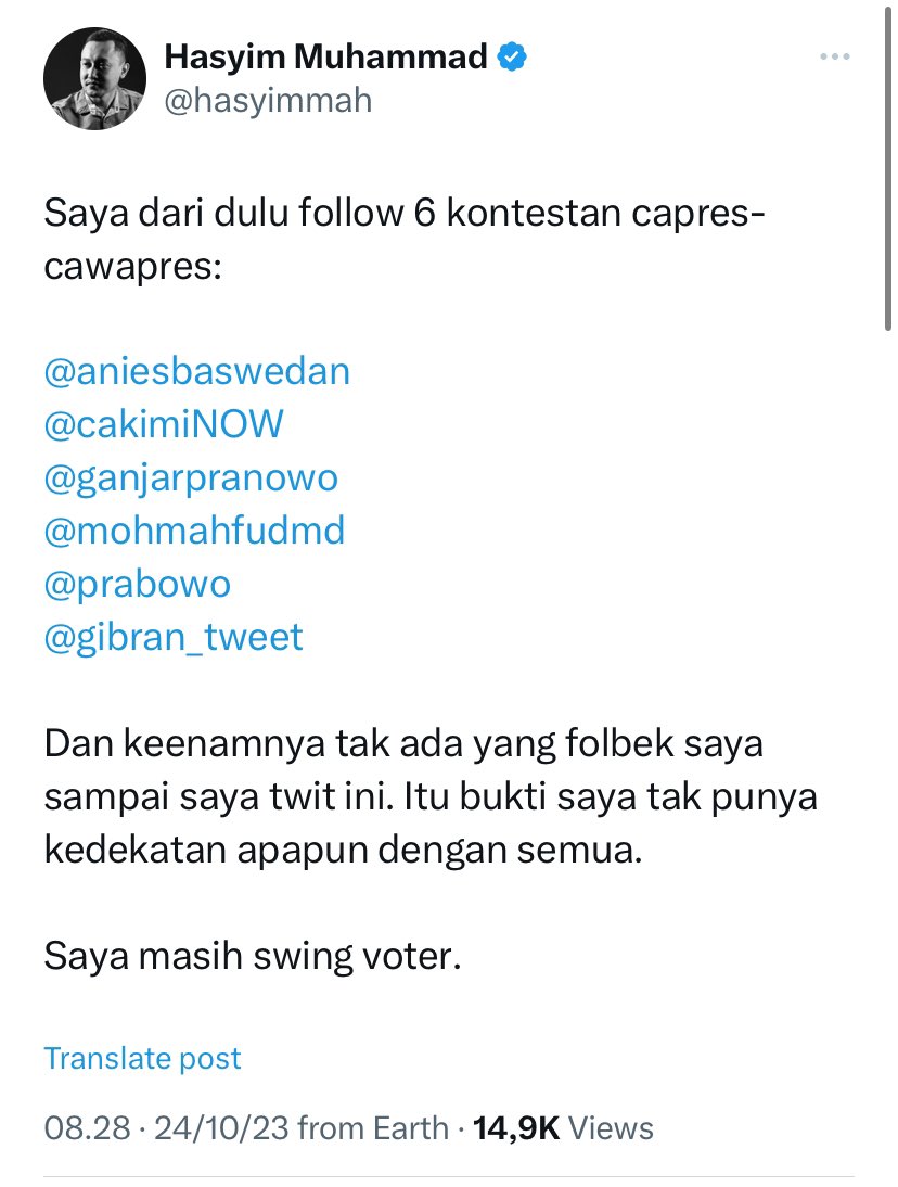 Akhirnya, ada salah satu kandidat capres yang follow saya. Jadi pengen milih aja nih... Wkkkk....

Tapi minimal harapan saya ke pak <a href="/ganjarpranowo/">Ganjar Pranowo</a> kali ini adalah memastikan kami para pemilih bahwa pak Mahfud akan diberi wewenang besar jika terpilih. Bukan hanya diberi kursi