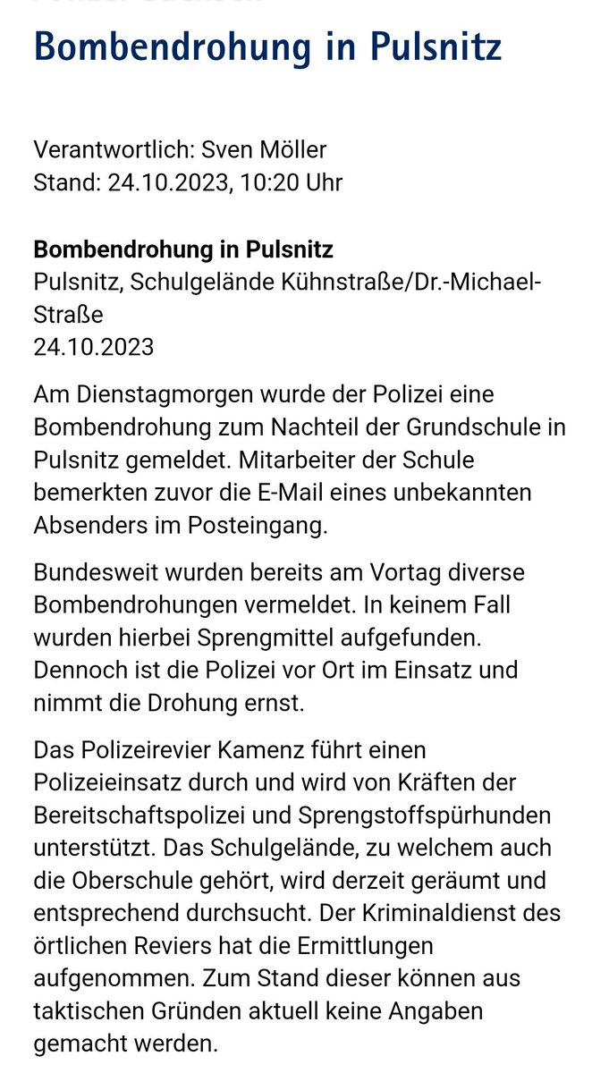 theile_alex's tweet image. Wie irre muss man sein, um eine #Bombendrohung gegenüber einer #Grundschule auszusprechen. 
Ich habe immer mehr das Gefühl, es fällt jegliche Hemmung, Anstand und Vernunft! 
Ich hoffe auf schnelle Aufklärung und keine Gefahr für die SchülerInnen. #Pulsnitz #Kamenz #Sachsen