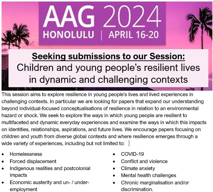 CFP #AAG2024:  Seeking papers examining #children and #youth #resilience beyond the individual in diverse global contexts. Please contact <a href="/LvanBlerk/">Lorraine van Blerk</a> or me <a href="/JanineHH258/">Janine Hunter</a>  for further info – Deadline 8 November! <a href="/theAAG/">American Association of Geographers</a>  <a href="/CulturalGeogSG/">Cultural Geography</a> <a href="/Geog_UoD/">Geography & Environment | University of Dundee</a>