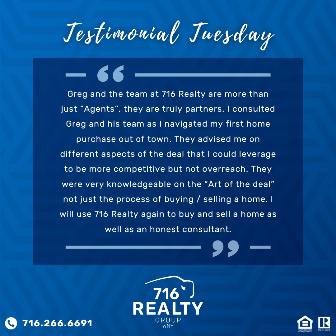 Another happy client! We appreciate you.

Leave us a review today⭐

#716RealtyGroupWNY #TrustUs #TestimonialTuesday