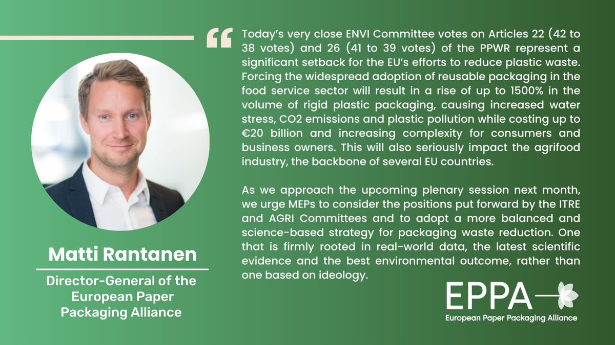 Today's votes in the <a href="/EP_Environment/">ENVI Committee Press</a> on Articles 22 &amp; 26 of the #PPWR bring to light alarming implications for the EU's plastic waste goals. 

Read our DG <a href="/matti_rantanen/">Matti Rantanen</a>'s statement ⬇️

eppa-eu.org/envi-vote