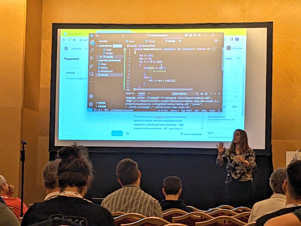 splashcon's tweet photo. SLE keynote speaker Crista Lopes @cristalopes on how we can teach LLMs to prove program's safety and correctness (how much Dafny does GPT-4 already know?) @sleconf #SPLASH2023 https://t.co/avZhmPFhQf