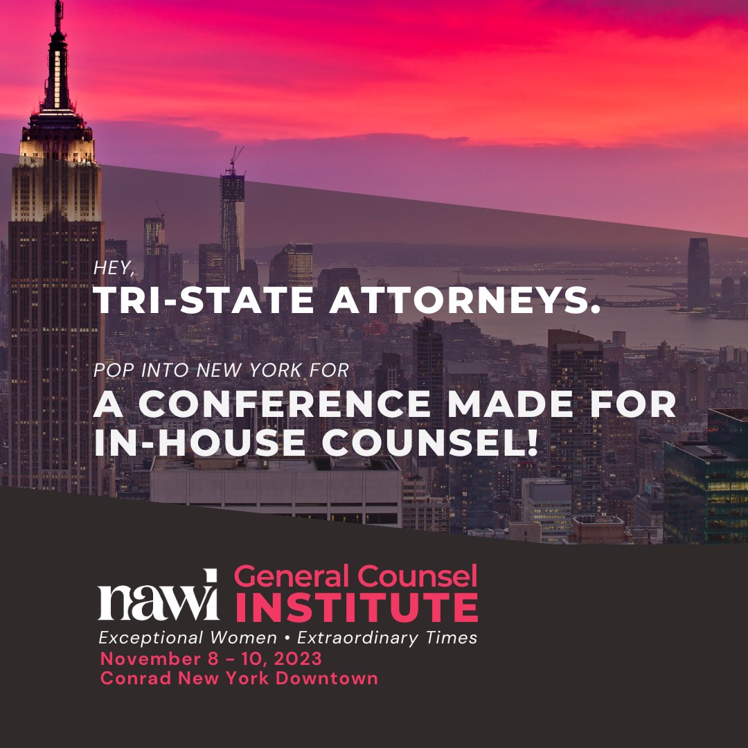 NAWLWomeninLaw's tweet image. #GCI2023 is in #NewYorkCity!

Travel budgets are tight, so we&apos;re excited to be close to much of our in-house community.

Make the quick trip to join us on Nov. 8 - 10.
nawl.org/2023-general-c…

#NAWLGCI #NAWLWomeninLaw #NAWL #conference #lawyer #attorney #inhouse #counsel