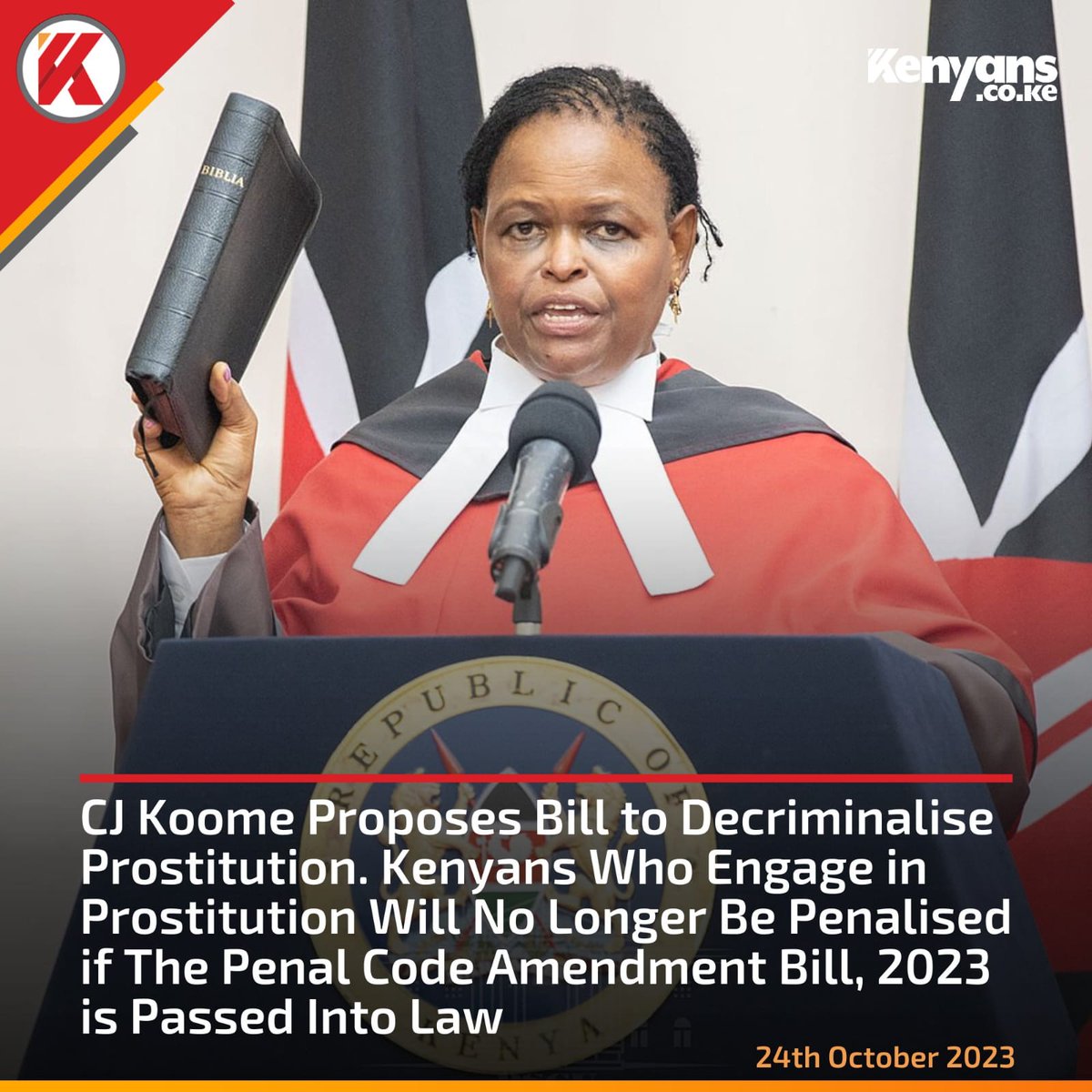 🚨 Breaking News 🚨

 Chief Justice Martha Koome proposes a bill to decriminalize prostitution in Kenya! If the Penal Code Amendment Bill, 2023 passes, sex workers won't face penalties. A step towards empowerment and rights! #Decriminalizesexwork #JusticeForSexWorkers