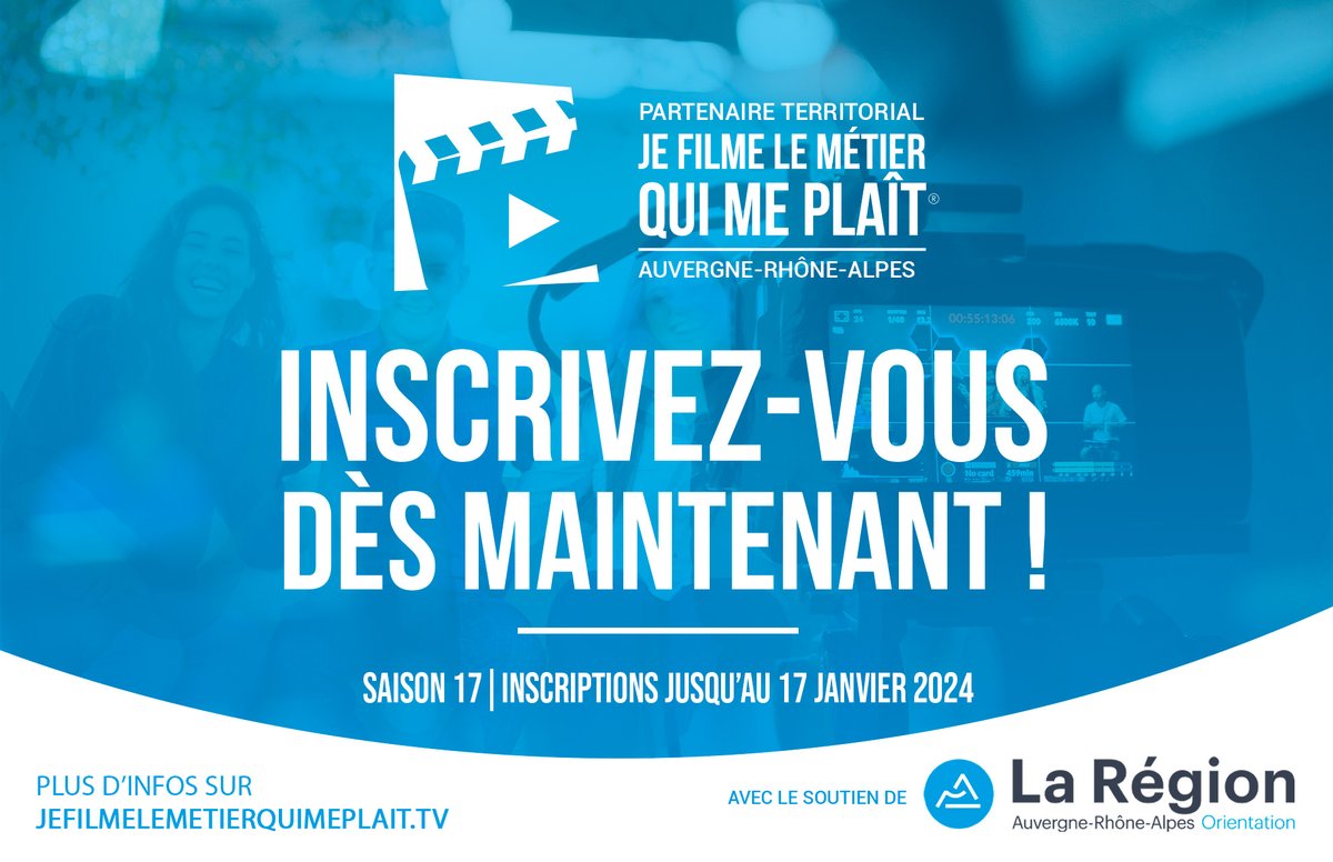 parcours_metier's tweet image. 🌟Concours Régional - @AuvergneRhôneAlpesOrientation

👉 Inscrivez-vous dès maintenant au concours Régional 
jefilmelemetierquimeplait.tv/region-auvergn…

Les inscriptions  "Je Filme Le Métier qui me Plaît" sont ouvertes. 
jefilmelemetierquimeplait.tv/concours/

#JFLMQMP #concours #auvergnerhonealpesorientation