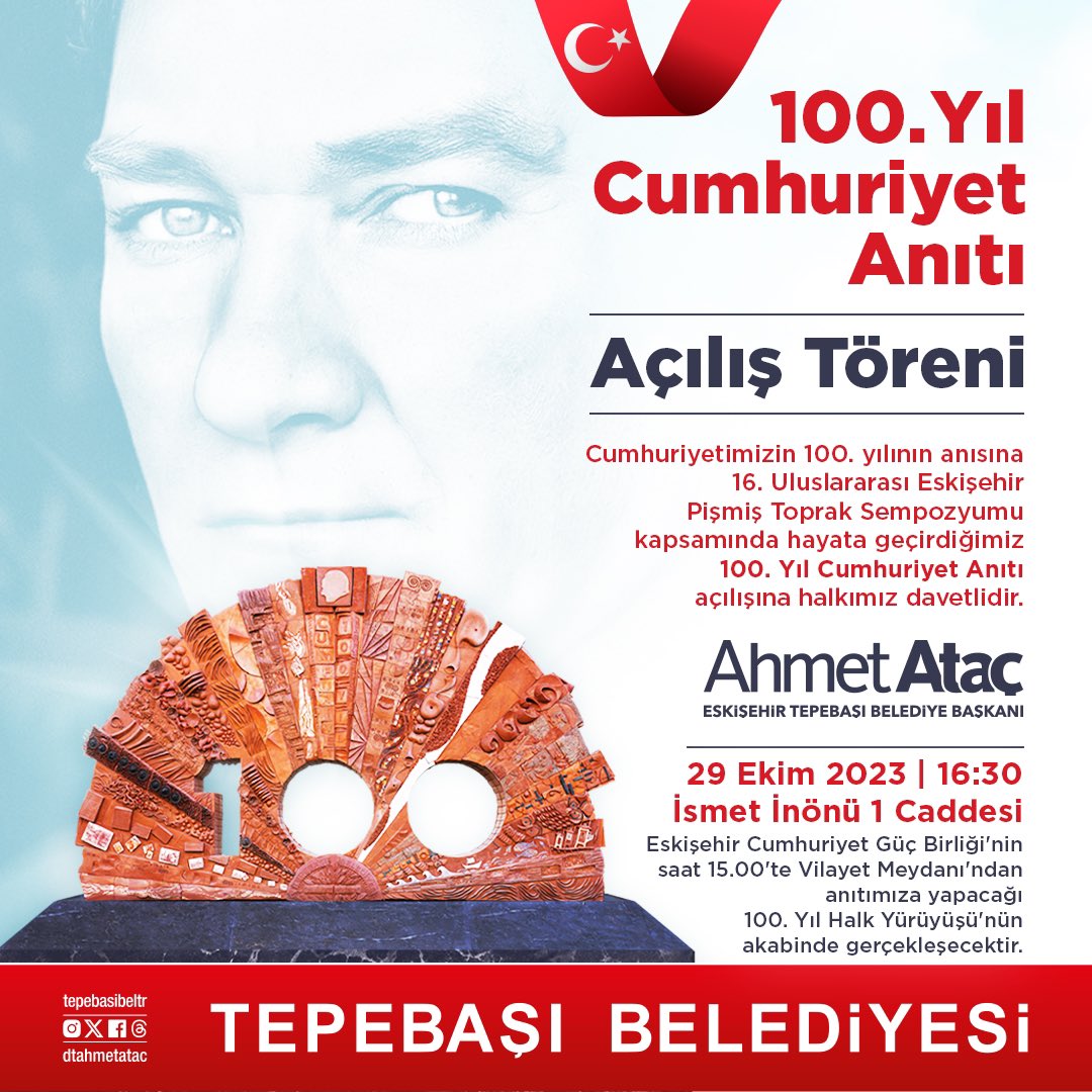 DtAhmetAtac's tweet photo. 100. Yıl Cumhuriyet Anıtımız törenle açılıyor 🇹🇷
 
16. Uluslararası Eskişehir Pişmiş Toprak Sempozyumu sanatçılarımızın kolektif çalışmasıyla ortaya çıkan ve Cumhuriyetimizin 100. yılına ithaf edilen eserin açılışına tüm hemşehrilerimiz davetlidir.
 
🗓️29 Ekim Pazar
⏰16.30
📍İsmet İnönü-1 Caddesi