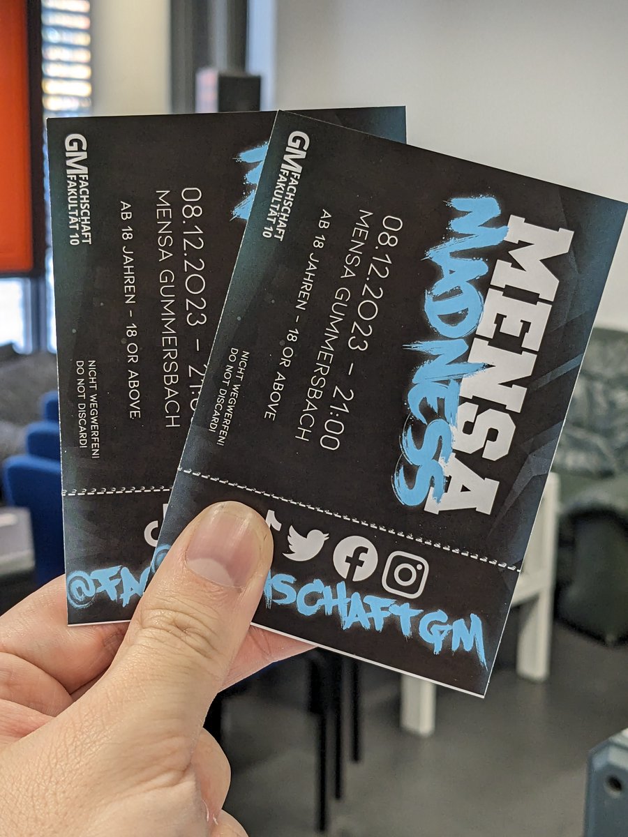 +++GEWINNSPIEL+++
Gewinnt 3x2 Karten für die #MensaMadness am 08.12.2023 in der Mensa am Campus Gummersbach.
Teilt dafür einfach nur diesen Beitrag mit euren Freunden auf Social Media bis zum 31.10.2023 um 23:59 Uhr.

Die Gewinner werden dann benachrichtigt. #thkoeln