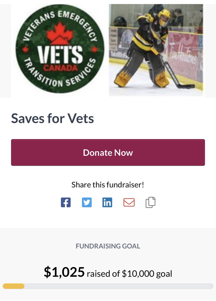Another 100 Saves, 50$ more to <a href="/vetscanada/">VETS Canada 🇨🇦</a> !! 

<a href="/OJHLGoldenHawks/">Trenton Golden Hawks</a> 
<a href="/OJHLOfficial/">OJHL</a> 

Over 1000$ raised to date! 

canadahelps.org/en/pages/saves…