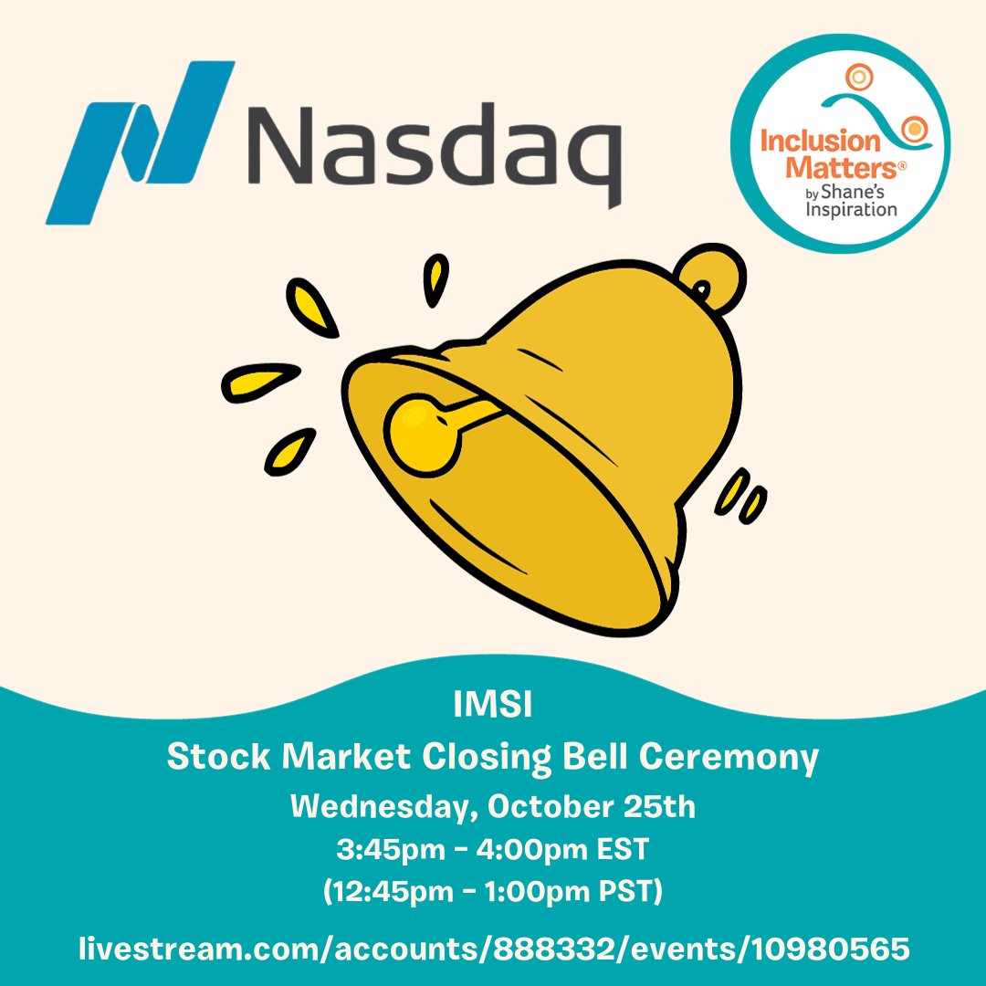Inclusion Matters by Shane’s Inspiration will be ringing the <a href="/NasdaqExchange/">Nasdaq Exchange</a> Closing Bell in Times Square in NYC this Wednesday, October 25th!

Watch LIVE at 3:45pm - 4:00pm EST (12:45pm - 1:90pm PST)  using the direct link below:
livestream.com/accounts/88833…