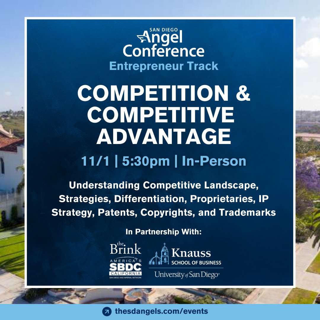 What is your competitive advantage? Join #SDAC E-Track for Competition and Competitive Advantage on 11/1 to learn more about competitive landscape, strategies, differentiation, proprietaries, IP strategy, patents, and more. Register for this event: hubs.ly/Q023Sw-m0