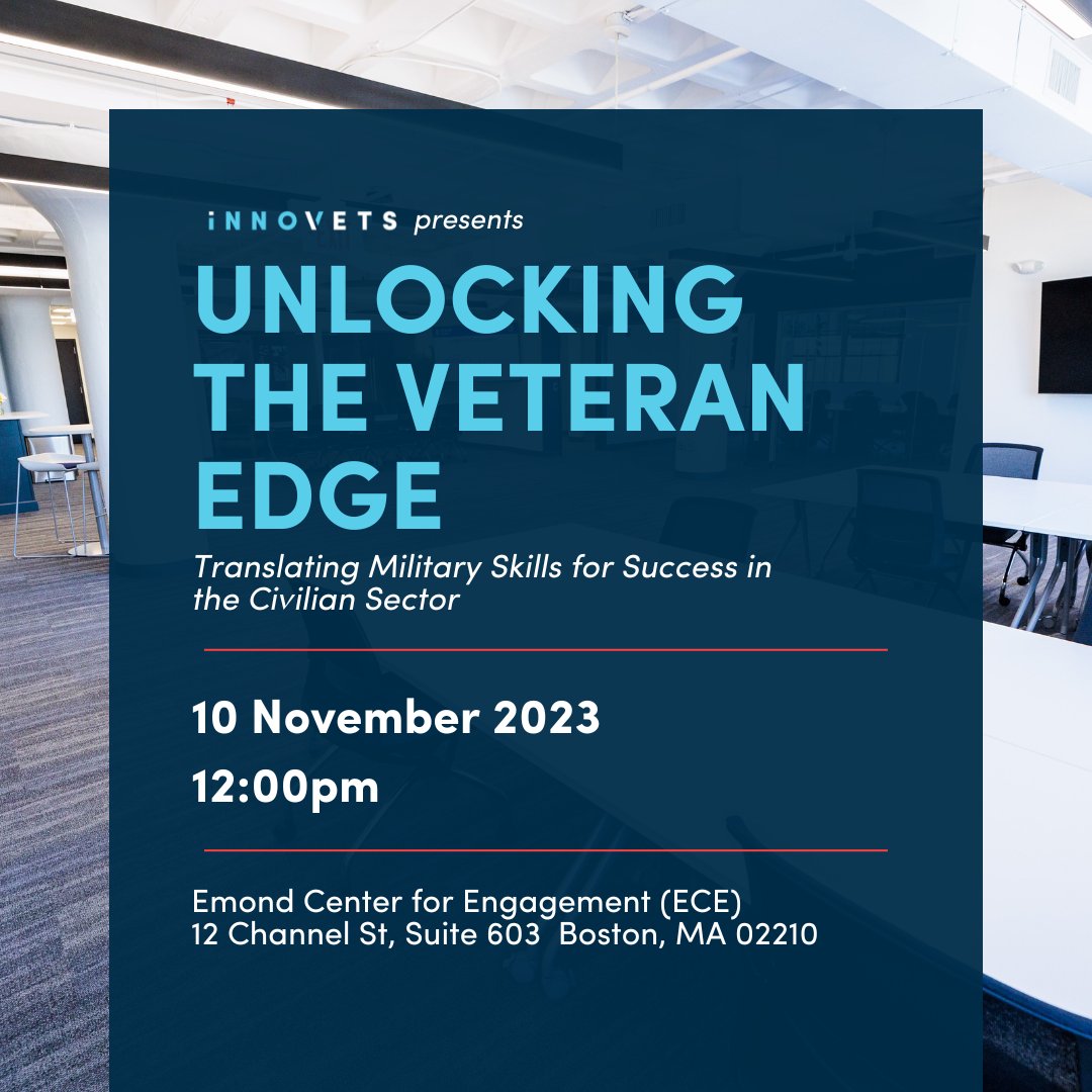 InnoVets_US's tweet image. Join us for a special Veterans Day panel and networking event at the ECE🇺🇸

On Friday, November 10, we are hosting veterans and professionals from across industries to discuss the unique perspective veterans bring to the civilian workforce.

Registration link is in our bio!