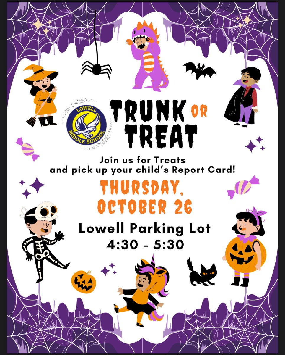 Join us this Thursday for our trunk or treat event!  Stop by and get some treats as well as your child’s report card!  🍭 👻 🎃