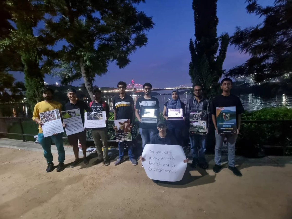 HydAnimalSave's tweet photo. On the occasion of Gandhi Jayanti, our dedicated volunteers gathered at Durgam Churvu Park, taking to shed light on speciesism. The response from the crowd was very receptive as people expressed their concern for animals and deeply moved by the horrors within animal industries . https://t.co/5fZBz7uG5e