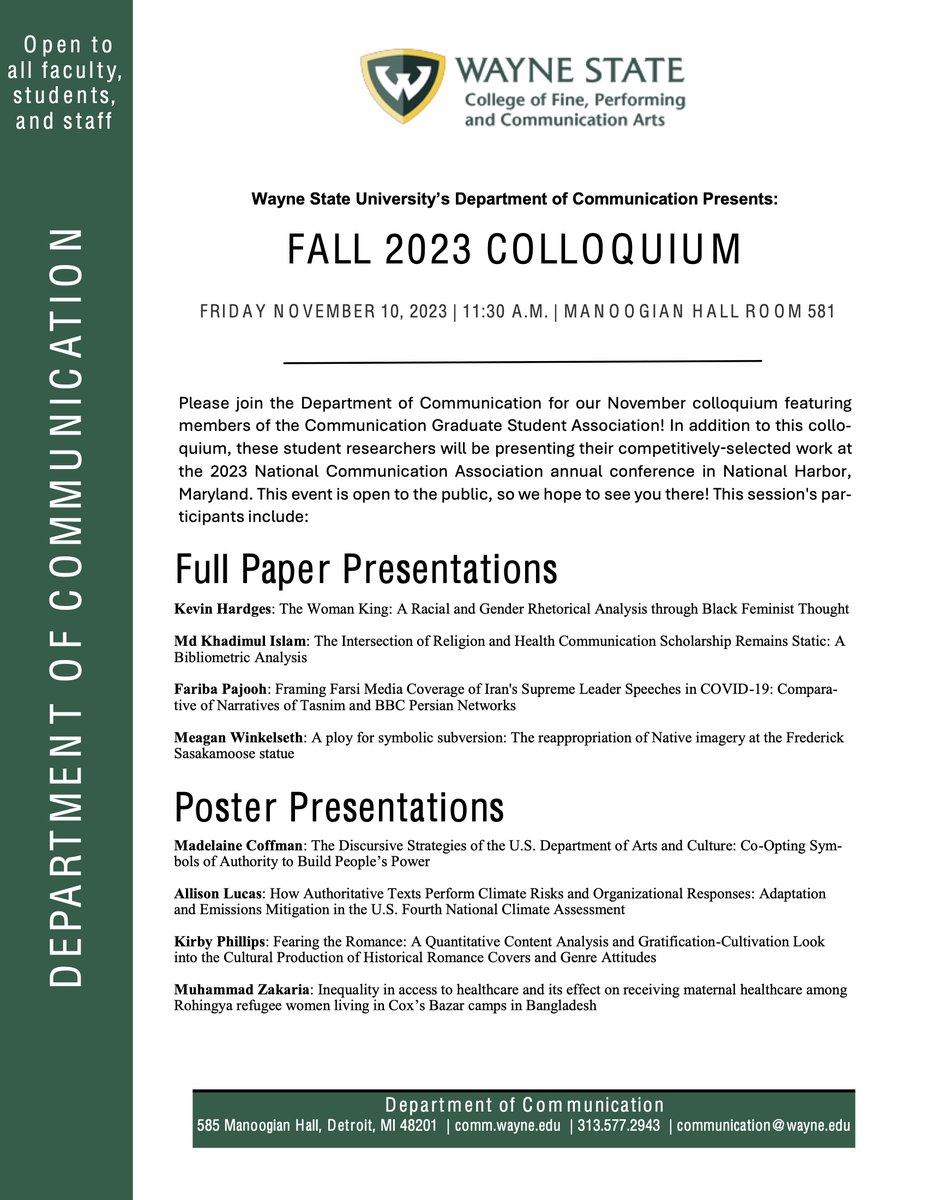 Get ready for the <a href="/WSU_COM/">WSUCommunicationDpt</a> colloquia featuring papers and posters from our graduate student researchers! If you miss us on Nov 10 @ 11:30am, you can catch all our panelists at the 109th annual National Communication Association conference!  <a href="/NatComm/">National Communication Association</a>  <a href="/WayneGradSchool/">Wayne State University Graduate School</a> <a href="/WSUResearch/">Wayne State Research</a>