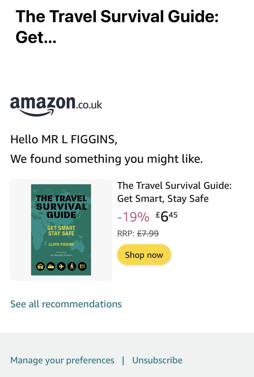 Good to see Amazon recommending something they think I “might like”. Equally pleasing to see a book I wrote to help keep people safe is still doing its job. #travel #travelsafety #travelsecurity #travelriskmanagement