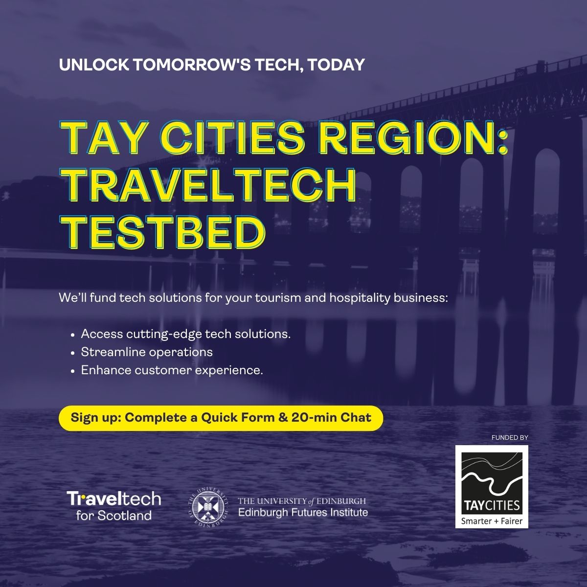 Exclusive opportunity for tourism &amp; hospitality businesses in the Tay Cities region: the Tay Cities Traveltech Testbeds Initiative. 

This is a unique chance to trial cutting-edge tech solutions. Businesses can sign up by 31 Oct &amp; schedule a 20-min call - u9z6gokjq00.typeform.com/to/M66dRIMW