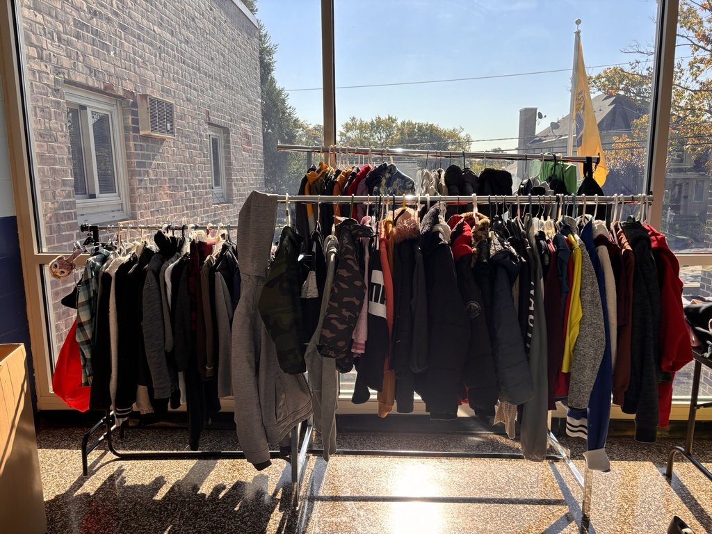 This is our lost and found. When you are in the building for conferences, please stop by and collect any items that belong to your child. All items will be donated at the end of December if they are still in the lost and found.