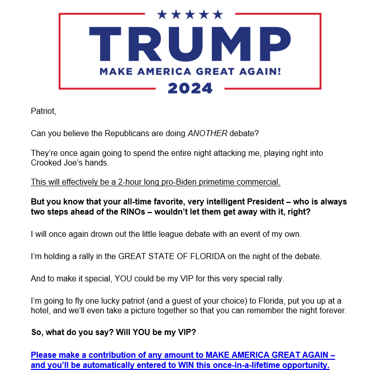 IamVyv's tweet photo. #IlDouche's "campaign" song should be, "Let's grift Again." ๐คฆ๐ฝโโ๏ธ๐
To translate the latest #Ggriftmail from his #Scampac:
As you all know, I am scared sh1tless to face my rivals and be shown for the fumbduck I am, so I am running away and going to try to look tough, in Florida.๐ https://t.co/vAGS3EnmQk