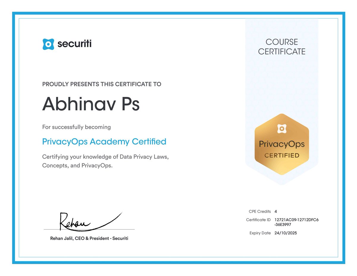 HYDRA3301's tweet photo. Elevating my cybersecurity game with the PrivacyOps certification from @SecuritiAI .Thanks to Securiti  for the valuable knowledge and skills. Let's secure the digital realm!. 📚🔒 #PrivacyOps #Certification #Cybersecurity #infosec #defense https://t.co/fej73KoO1B