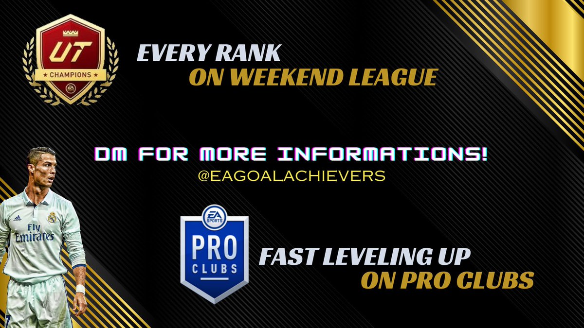 📢 𝐄𝐀𝐅𝐂 𝐖𝐄𝐄𝐊𝐄𝐍𝐃 𝐋𝐄𝐀𝐆𝐔𝐄 &amp; 𝐏𝐑𝐎 𝐂𝐋𝐔𝐁𝐒 𝐒𝐄𝐑𝐕𝐈𝐂𝐄𝐒  

🎮Weekend League:
We play your WL and get the rank you desire

🎮 Pro Clubs:
We level up your Pro Clubs player fast

DM us for more informations!

Use this tweet to give feedback about our services 😃