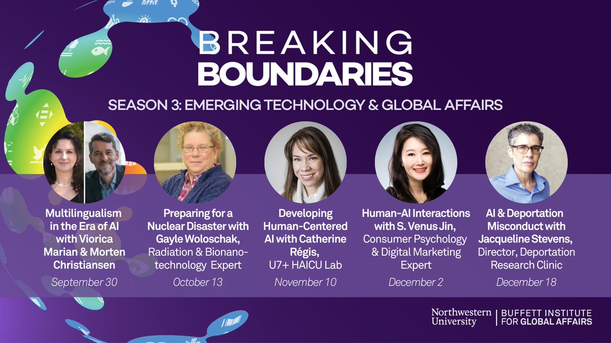 We've kicked off Season 3 of our Breaking Boundaries podcast, which centers on intersections between emerging tech & global affairs. Subscribe to hear @BuffettInst Exec. Director @AnneliseRiles interview these innovators, trail blazers & boundary breakers. spr.ly/6012ueTE8