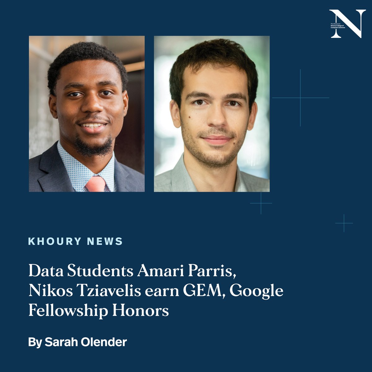 Amari Parris came to Khoury College from a kinesiology background. Nikos Tziavelis came from his native Greece, where he studied engineering. Now, the pair have added momentum to their data science journeys through prestigious fellowships. Read more here: bit.ly/3MdGLRs