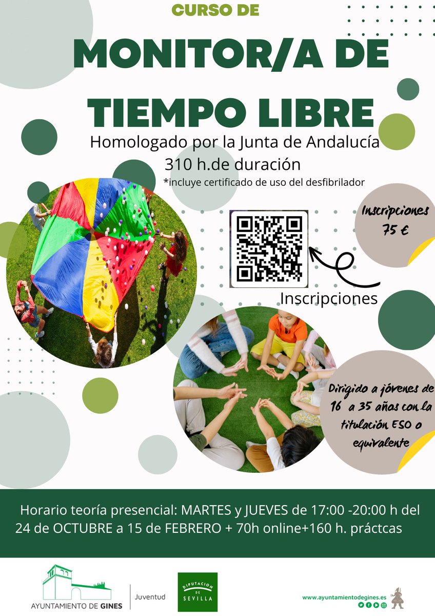Comienza el curso de Monitor/a de Tiempo Libre Infantil y Juvenil en la Casa de la Juventud, al final tendrás la acreditación de competencias para poder trabajar en aulas matinales, actividades extraescolares, campamentos...Aún quedan plazas libres info tlf 687825195