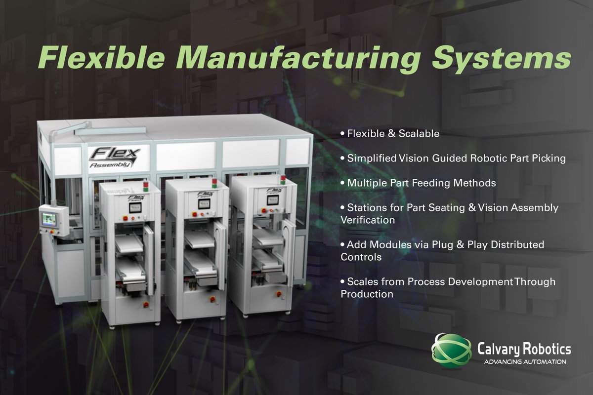 @CalvaryRobotics Flexible Manufacturing Systems offer unparalleled design! This pre-engineered solution gives users a flexible & scalable part feeding solution, allowing agile change when needed in your process improvement mission! #flexibledesign #manufacturing #automation