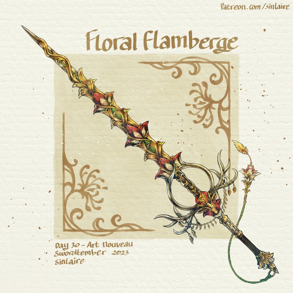 Swordtember Day 30 - Art Nouveau Floral Flamberge A standard weapon for the royal guards of The Principality of Stigandr. Enchanted to magically convert the user's momentum for a swift offense and defense. Hi-res images, stats, and cards available on Patreon #Swordtember2023