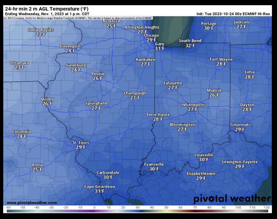 tristatewx1's tweet photo. Some much needed rain and our first Frost and Freeze of the Fall season can be expected next Tuesday into Thursday morning. Lows will fall into the low 30’s Tuesday and mid to upper 20’s on Wed AM and Thurs AM. This will end our growing season. #tristatewx #inwx #kywx #ilwx https://t.co/ObKVT06VvS