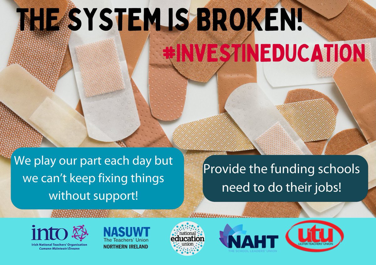UTU_edu's tweet photo. We cannot keep the broken system going. NITC recognise that ASoS puts pressure on across the whole system. School leaders and teachers have been holding things together for too long! Employers need to sort this out! #NotEnoughBandaids
#TradeUnionTuesday #InvestInEducation https://t.co/r4zO9Q62lm