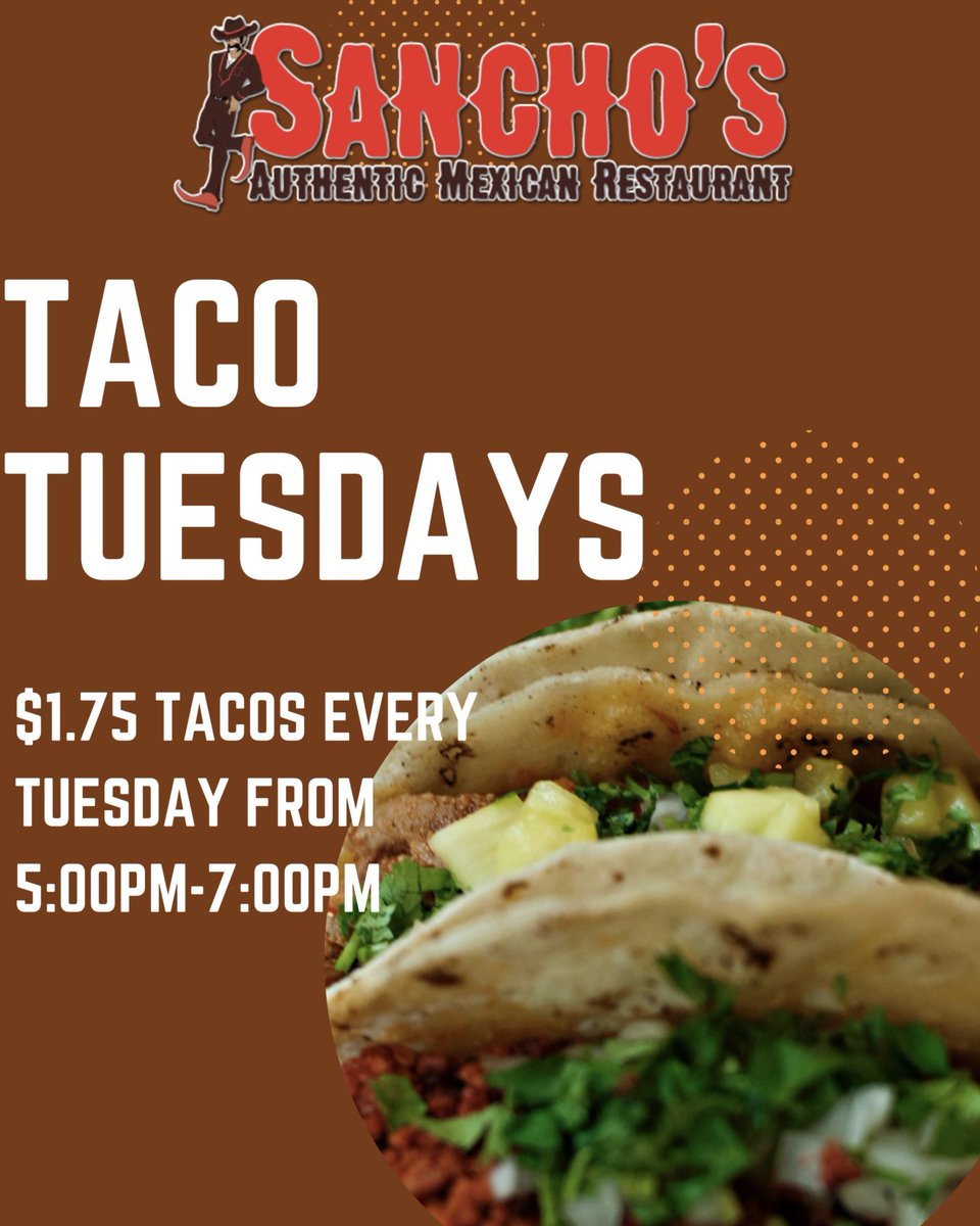 Happy Taco Tuesday! DINE IN ONLY: Buy 4 Tacos and ask for a Free Margarita! 5pm to 7pm (21 &amp; over! **Lengua, Tilapia and Chicharron regular price!** )