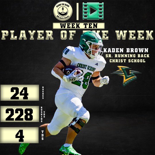 Congratulations to this weeks Player of the Week Kaden Brown from Christ School!  Kayden rushed for 228 yards and 4 touchdowns!  
Check out this weeks podcast!
<a href="/CoachChadWalker/">Chad Walker</a> <a href="/Kaden_Brown22/">Kaden Brown</a> <a href="/greeniesports/">Christ School Athletics</a> @christschool_fb 

spotify.link/eqcY1Kv59Db
