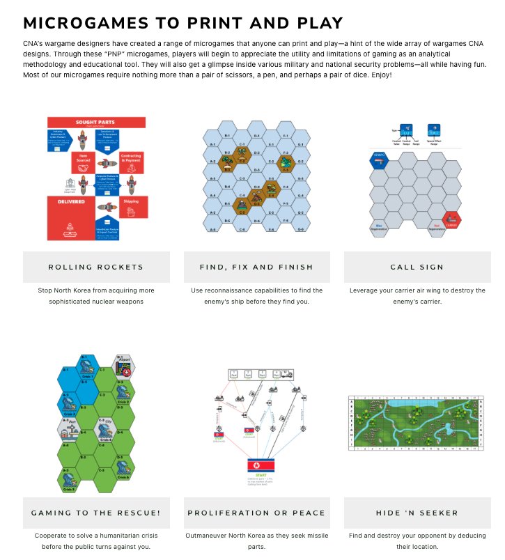 Due to popular demand, the <a href="/CNA_org/">CNA</a> Gaming program has posted six micro #wargames for people to download and play - exploring nuclear proliferation to carrier wings.

If you're in a command or unit, let us know what micro games you want to see next! 😁

🔗 cna.org/centers-and-di…