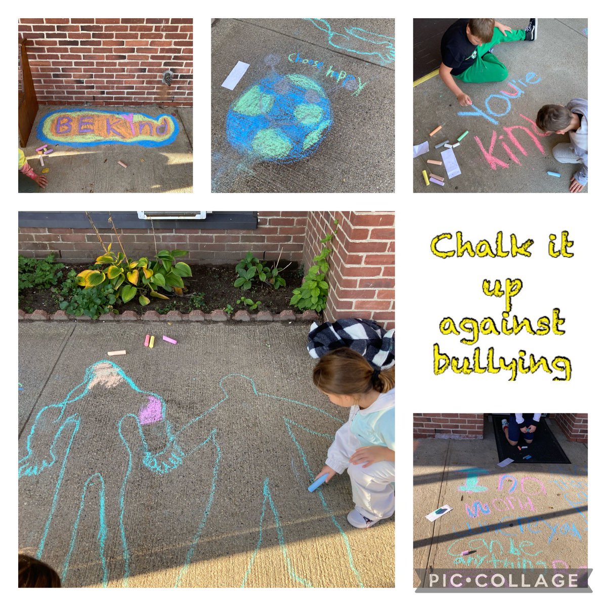 Chalk it up against bullying! We wrote messages of kindness for all who come to Hope Valley!  What a great way to start the day! @MrG_HVES <a href="/CharihoRegional/">Chariho Regional💚</a>