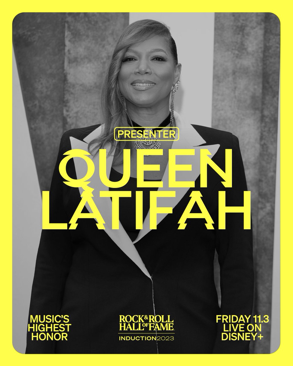 IAMQUEENLATIFAH's tweet photo. I'm excited to be a presenter at this year's @rockhall ceremony that you can watch LIVE! Stream #RockHall2023 -- Music's Highest Honor -- on @DisneyPlus on November 3rd at 8p ET 🎶🎶🎶 https://t.co/wIiax8X9H4