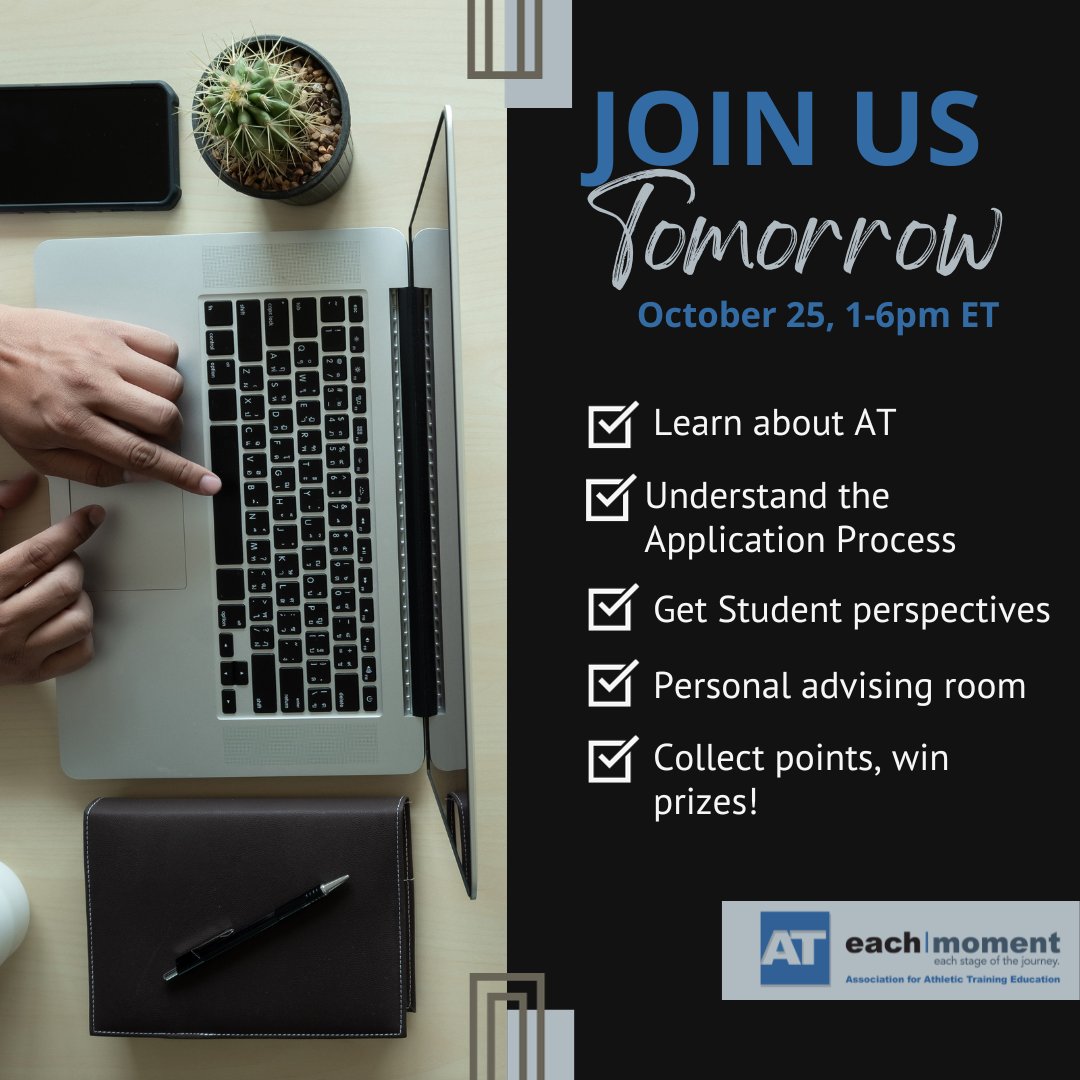 AT_EachMoment's tweet photo. You don't want to miss the Fall Virtual Fair! Over 44 #athletictraining programs will be in attendance, ready to answer your questions

Athletic training knowledge, application advice &amp; prizes!

Registration is free and easy https://t.co/E6Uj4zM5KY

#ATtwitter @NAAHPInc @hosafhp https://t.co/79B8avxftN
