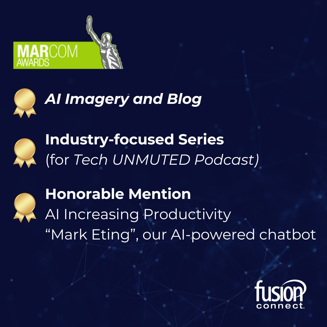 We're excited to share that Fusion Connect has been honored with three prestigious #MarCom Awards, highlighting our commitment to digital transformation and AI adoption in the workplace.

Read more: bit.ly/3Sc7eTt