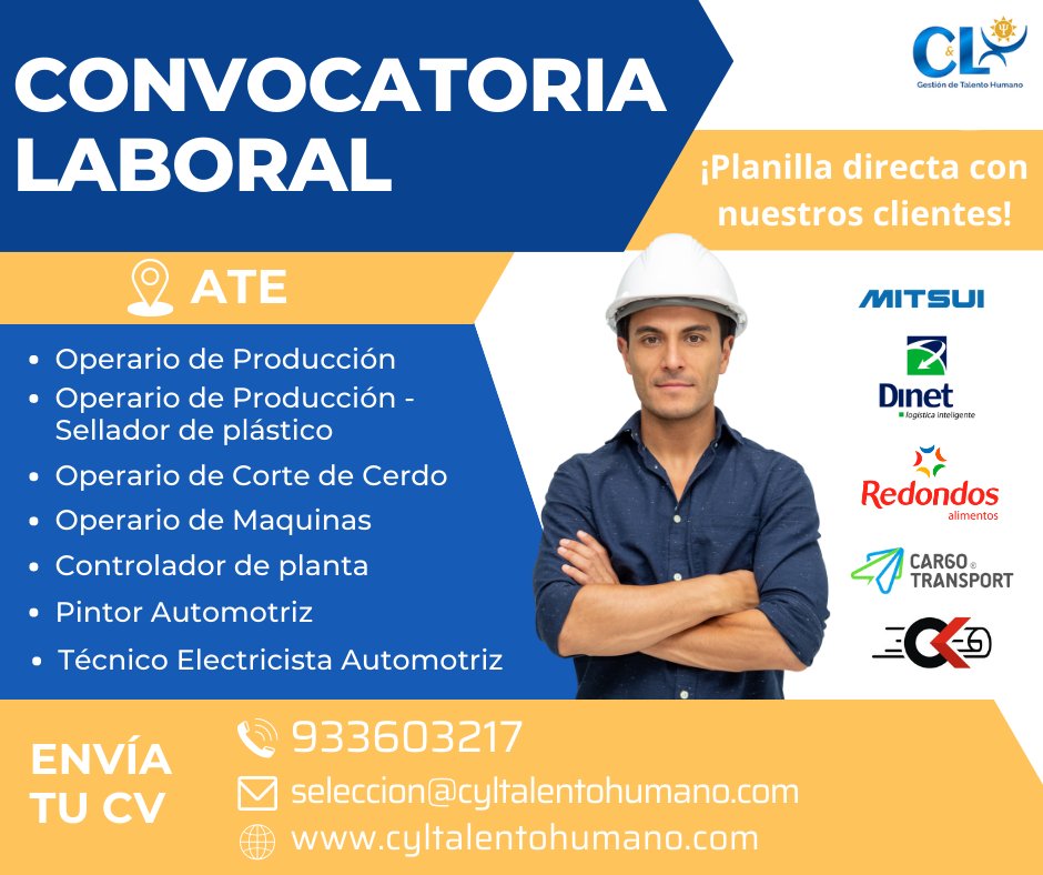 ConsultoraCyL's tweet photo. 🧐 ¿Buscando ofertas laborales en #Ate? 🧐  No pierdas la oportunidad y postula con nosotros.    ¿Interesado? 🤔𝗟𝗟𝗘𝗡𝗔 𝗘𝗟 𝗙𝗢𝗥𝗠𝗨𝗟𝗔𝗥𝗜𝗢 y empieza con el proceso de convocatoria
📍 https://t.co/NZ1CiX2d50
   #ConvocatoriaLaboral #Trabajo #TrabajoLima #EMPLEO #CHAMBA https://t.co/t8dscR0ACl