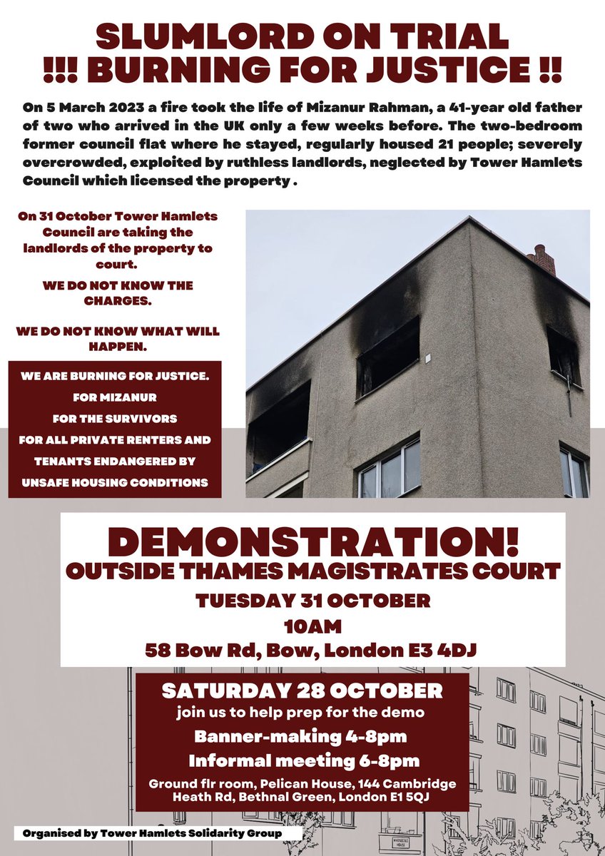 Seven months since the Maddocks House Fire, Tower Hamlets Council  are now bringing the landlords to court under powers endowed to them by the Housing Act. There is some chance of justice. This will be made more likely by public pressure.