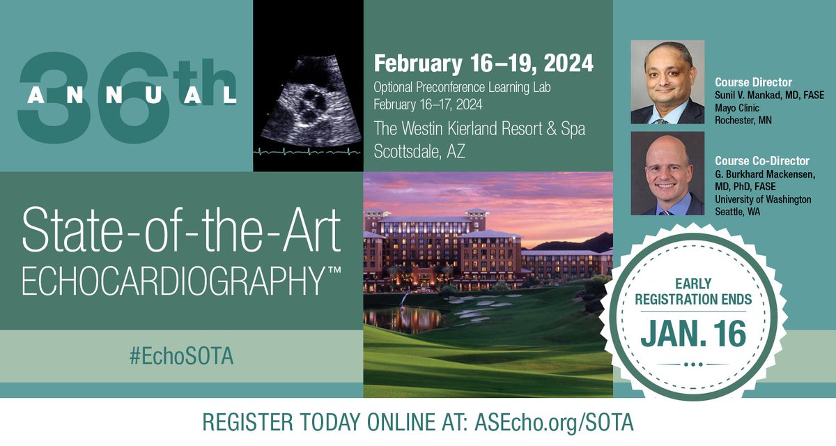 American Society of Echocardiography (@ase360) on Twitter photo Join us in Scottsdale, AZ for #EchoSOTA, taking place at the <a href="/WestinKierland/">The Westin Kierland</a> on February 16-19, 2024! Sign up: bit.ly/3EbojEs
New topics this year include:
🟢 Advanced hemodynamics
🟢 Myocardial strain
🟢 Structural heart disease
🟢 The impact of AI and machine learning Join us in Scottsdale, AZ for #EchoSOTA, taking place at the <a href="/WestinKierland/">The Westin Kierland</a> on February 16-19, 2024! Sign up: bit.ly/3EbojEs
New topics this year include:
🟢 Advanced hemodynamics
🟢 Myocardial strain
🟢 Structural heart disease
🟢 The impact of AI and machine learning
