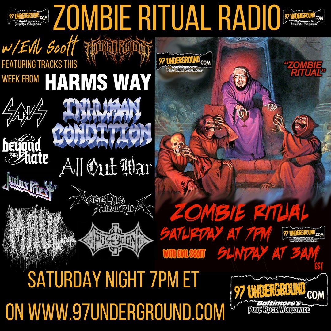 ZombieRitual97's tweet photo. #NewEpisodeAlert this #Saturday 7pm ET #USA on @97underground w/#newmusic from #Poseydon #Sadus #BeyondtheHate @judaspriest @AngelusApatrida @HATREDSRISE & more! @Skateboardmkt @AsherMedia @Metalcontraband @OldManMetalOG @ITHERETWEETER1 @RingoinCanfield @MetalMission97 @6969nyc https://t.co/KYE5jthJ2f
