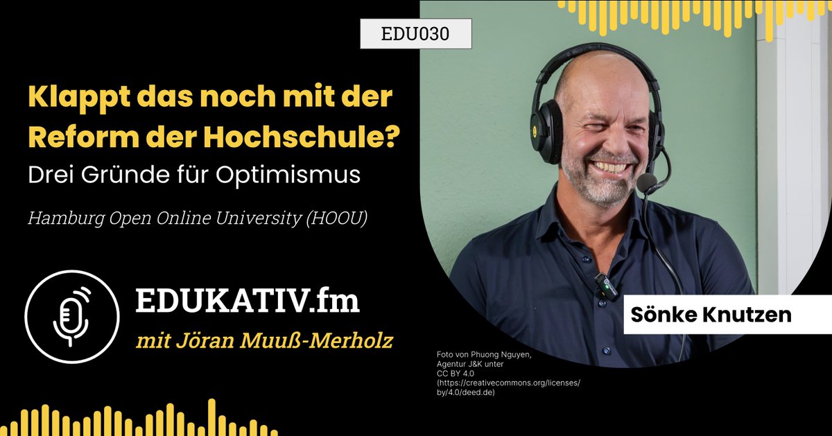 Ich denke manchmal: Die #Hochschule ist echt die unreformierbarste Bildungseinrichtung. Und dann kommt Sönke Knutzen und widerlegt das. Hier sind „Drei Gründe für Optimismus“, ein tolles Gespräch mit dem @HOOUHamburg-Chef bei  <a href="/edukativFM/">edukativ FM</a>: edukativ.fm/edu030-reform-… #twittercampus
