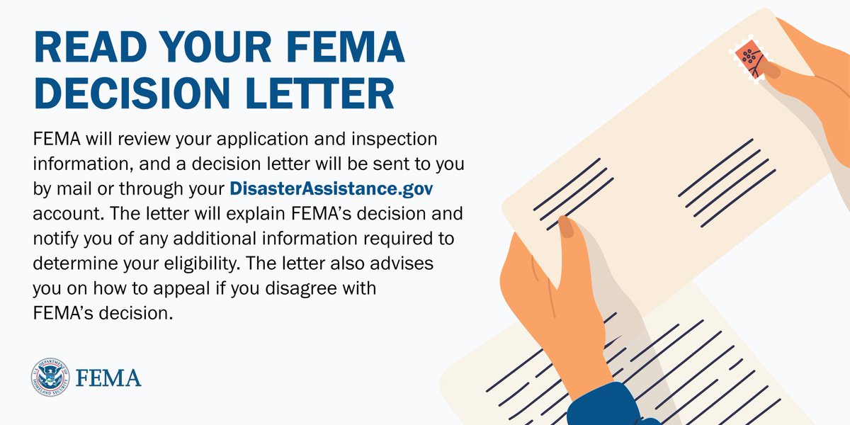 #Florida: Need help understanding your FEMA letter after applying for assistance? 📞Call 800-621-FEMA (3362) or stop by a Disaster Recovery Center (DRC) near you: 💻 fema.gov/drc 📱 Text DRC & your ZIP Code to 43362 More: fema.gov/press-release/…