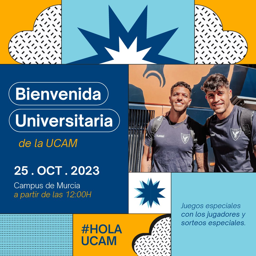 UCAM Murcia CF (@ucammurciacf) on Twitter photo #HolaUCAM 👋🏻
Mañana miércoles estaremos en la <a href="/UCAM/">UCAM Universidad</a> con nuestros jugadores <a href="/VicenteMhr89/">Vicente Romero</a> y <a href="/Ramon9Blazquez/">Ramón Blázquez.</a> en la Bienvenida Universitaria 2023.
⚽️ No pierdas la oportunidad de participar con ellos en juegos y en sorteos especiales.
¡Os esperamos! #HolaUCAM 👋🏻
Mañana miércoles estaremos en la <a href="/UCAM/">UCAM Universidad</a> con nuestros jugadores <a href="/VicenteMhr89/">Vicente Romero</a> y <a href="/Ramon9Blazquez/">Ramón Blázquez.</a> en la Bienvenida Universitaria 2023.
⚽️ No pierdas la oportunidad de participar con ellos en juegos y en sorteos especiales.
¡Os esperamos!