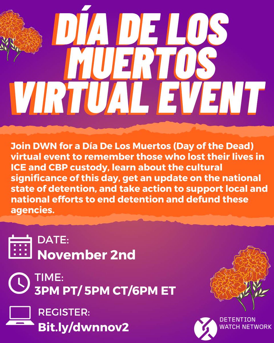 🕯️Join DWN, members and partners on Thursday, 11/2 at 6pm ET for a Día De Los Muertos virtual event to remember those who have lost their lives in ICE and CBP custody. 

We know immigration enforcement is deadly and we need to take action!

Register: bit.ly/dwnnov2